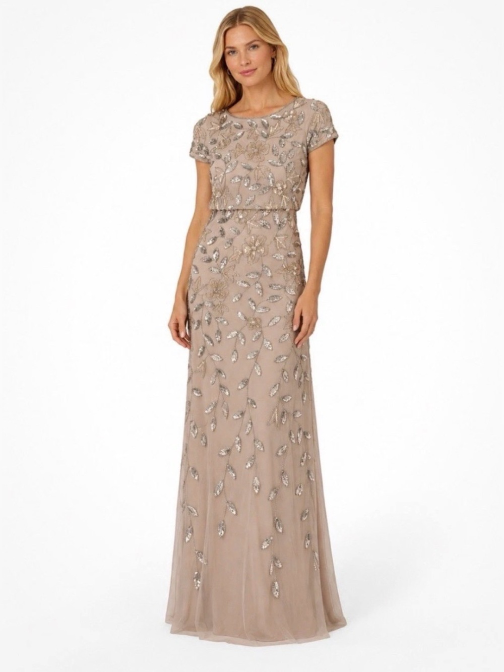 Adrianna Papell SZ 8 NWT Taupe Silver Beaded Floral Blouson Gown Formal GALA MOB